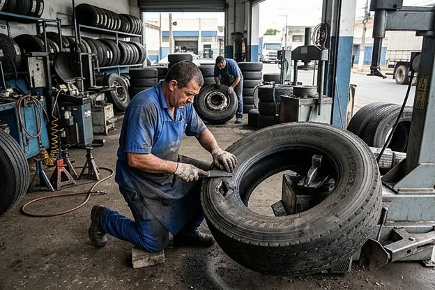 Profissional aplicando vulcanização em um pneu em uma borracharia.