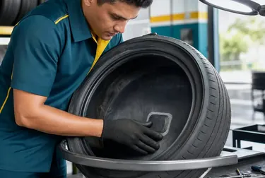 Profissional consertando um pneu em uma borracharia, com foco em ferramentas e equipamento