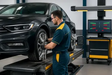 Técnico de borracharia ajustando o alinhamento de rodas em um veículo.