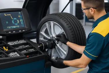 Técnico de borracharia realizando o balanceamento de rodas de um carro, com foco no equipamento.
