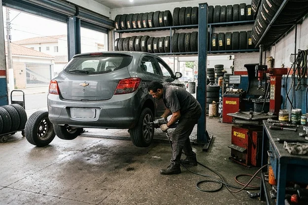 Técnico de borracharia trocando pneus em um carro, mostrando a atividade em andamento.
