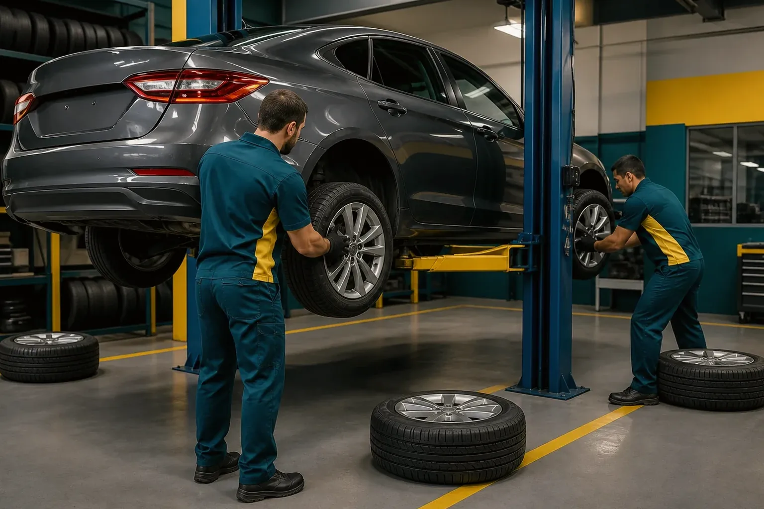 Técnico realizando rodízio de pneus em um carro em uma borracharia.